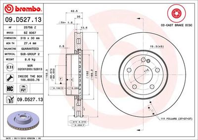Диск тормозной передний BREMBO 09D52713
