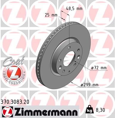 Диск тормозной передний вентилируемый ZIMMERMANN 370308320