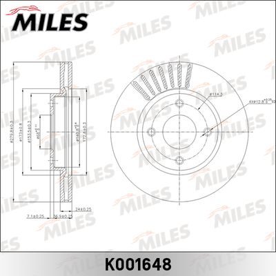Диск тормозной передний вентилируемый Miles K001648