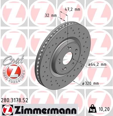 Диск тормозной передний перфорированный ZIMMERMANN 280317852