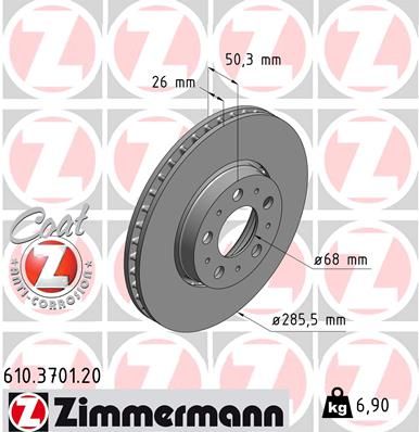 Диск тормозной передний вентилируемый ZIMMERMANN 610370120