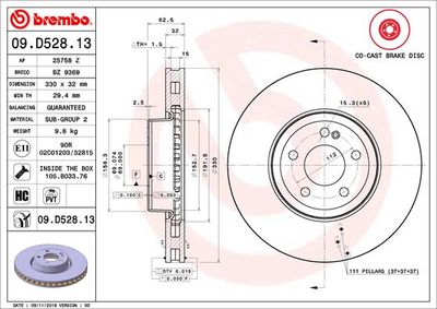 Диск тормозной передний BREMBO 09D52813