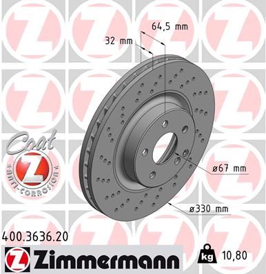 Диск тормозной передний вентилируемый ZIMMERMANN 400363620