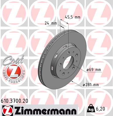 Диск тормозной передний вентилируемый ZIMMERMANN 610370020