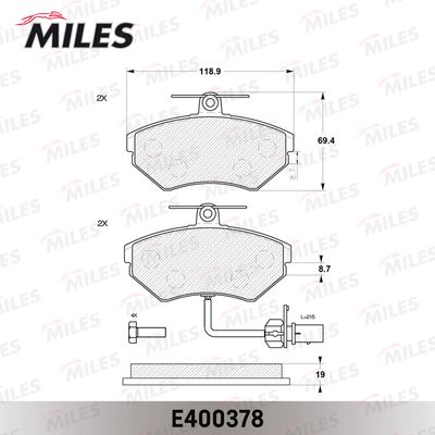 Колодки тормозные передние с датчиком Miles E400378