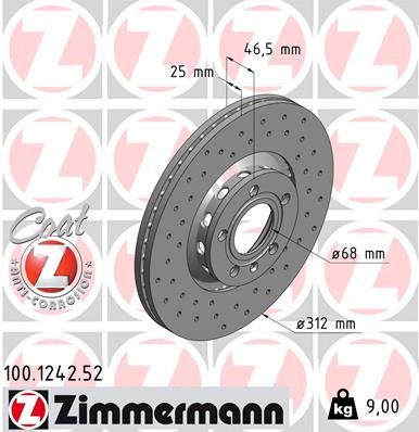 Диск тормозной передний вентилируемый ZIMMERMANN 100124252