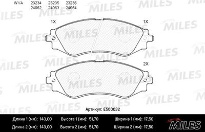 Колодки тормозные передние Miles E500032