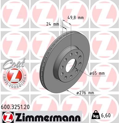 Диск тормозной передний вентилируемый ZIMMERMANN 600325120