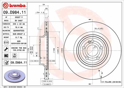 Диск тормозной задний вентилируемый BREMBO 09D98411